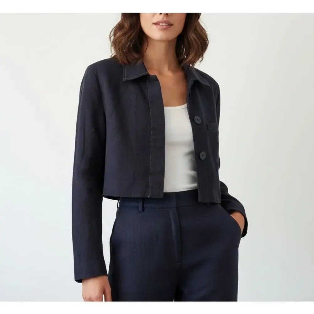 Zara Cropped Suit Jacket Coat Dark Blue Stretchy Denim Button Up Sz M